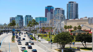 Pine Ave, Downtown Waterfront, Long Beach California with motor vehicles on the road